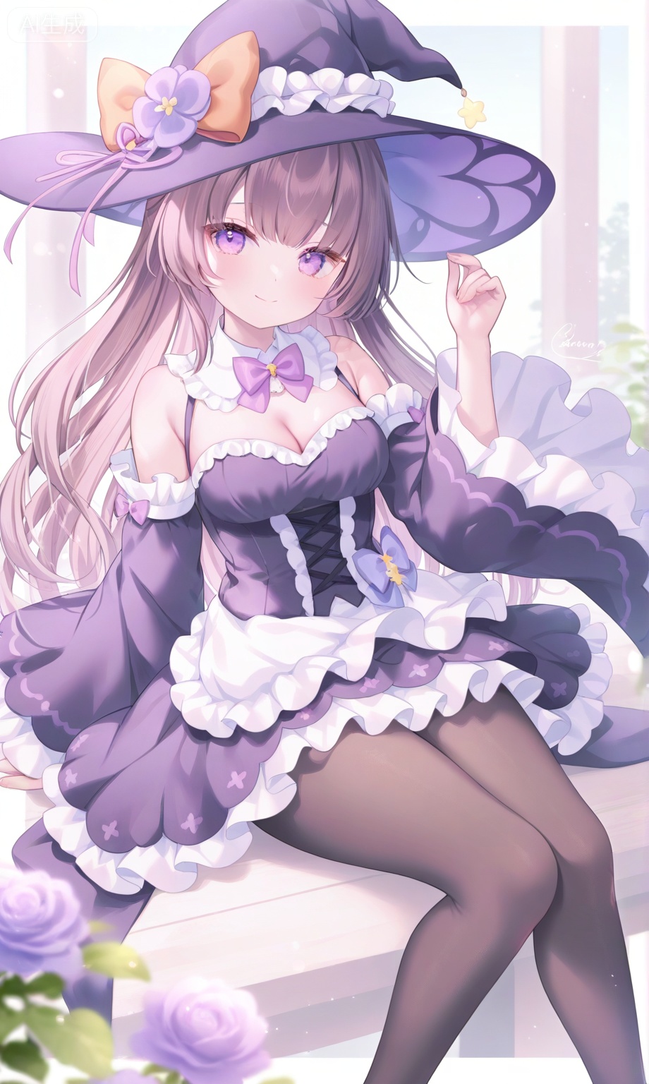 1girl, solo, long hair, breasts, looking at viewer, smile, bangs, brown hair, long sleeves, hat, dress, bow, cleavage, bare shoulders, medium breasts, sitting, very long hair, closed mouth, purple eyes, flower, pantyhose, frills, detached sleeves, artist name, hand up, signature, wide sleeves, bowtie, blurry, black dress, black pantyhose, black headwear, witch hat, detached collar, purple bow, brown pantyhose, purple flower, hat flower, witch, purple bowtie