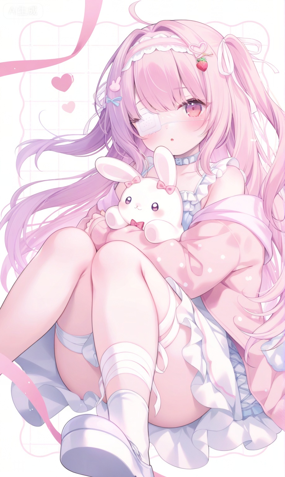 1girl, solo, long hair, looking at viewer, blush, bangs, hair ornament, red eyes, long sleeves, dress, ribbon, holding, bare shoulders, very long hair, jacket, hair ribbon, pink hair, heart, hairband, frills, parted lips, open clothes, shoes, choker, socks, puffy sleeves, pink eyes, off shoulder, white dress, :o, open jacket, two side up, sleeves past wrists, bandages, no shoes, eyepatch, stuffed toy, white footwear, stuffed animal, white socks, white ribbon, knees up, puffy long sleeves, object hug, food-themed hair ornament, stuffed bunny, pink jacket, white choker, holding stuffed toy, medical eyepatch, strawberry hair ornament