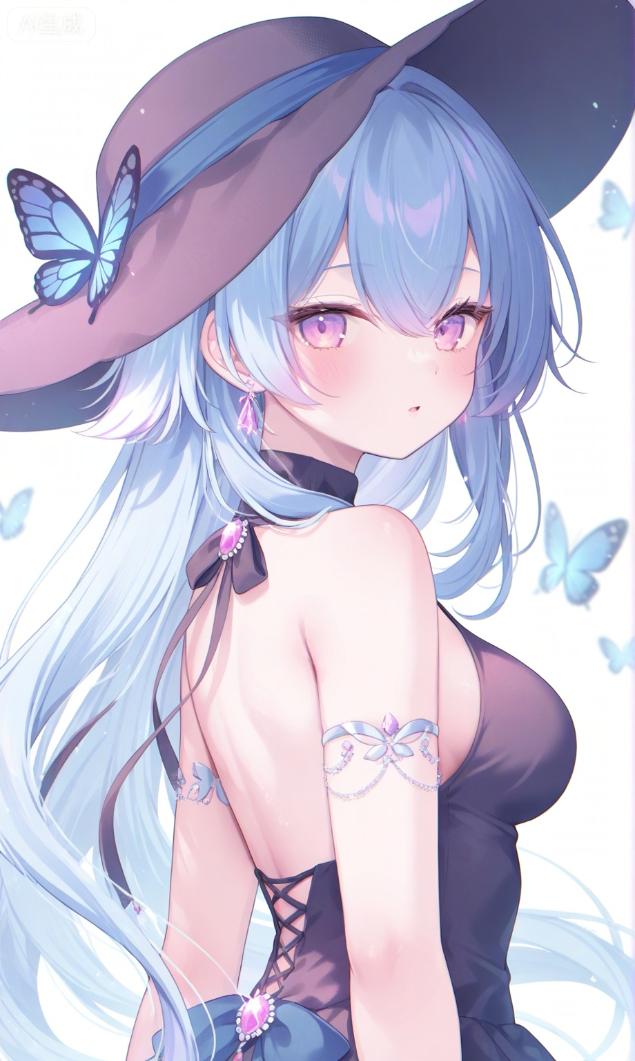 1girl, solo, long hair, breasts, looking at viewer, bangs, hat, white background, dress, hair between eyes, bare shoulders, jewelry, medium breasts, very long hair, blue hair, purple eyes, upper body, earrings, parted lips, sleeveless, pink eyes, black dress, from side, looking to the side, black headwear, sideboob, sleeveless dress, bug, gem, butterfly, armlet, backless outfit, blue butterfly