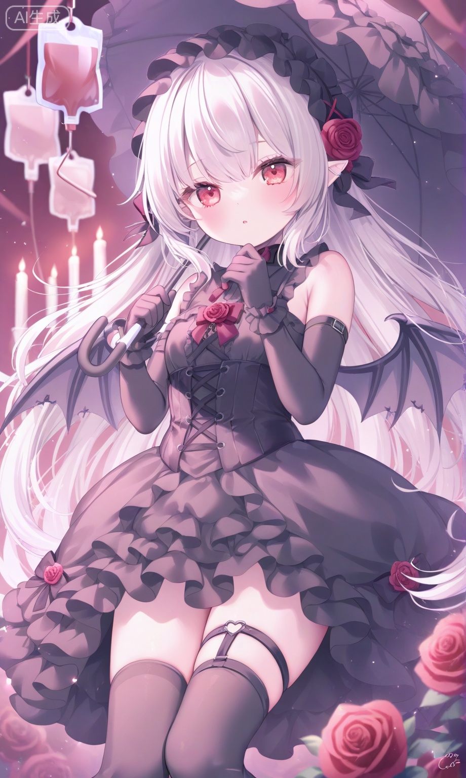 1girl, solo, long hair, looking at viewer, bangs, red eyes, thighhighs, gloves, dress, holding, bare shoulders, very long hair, flower, white hair, wings, pointy ears, black gloves, elbow gloves, signature, black dress, thigh strap, rose, umbrella, bat wings, red flower, lolita fashion, red rose, holding umbrella, gothic lolita, candle, blood bag