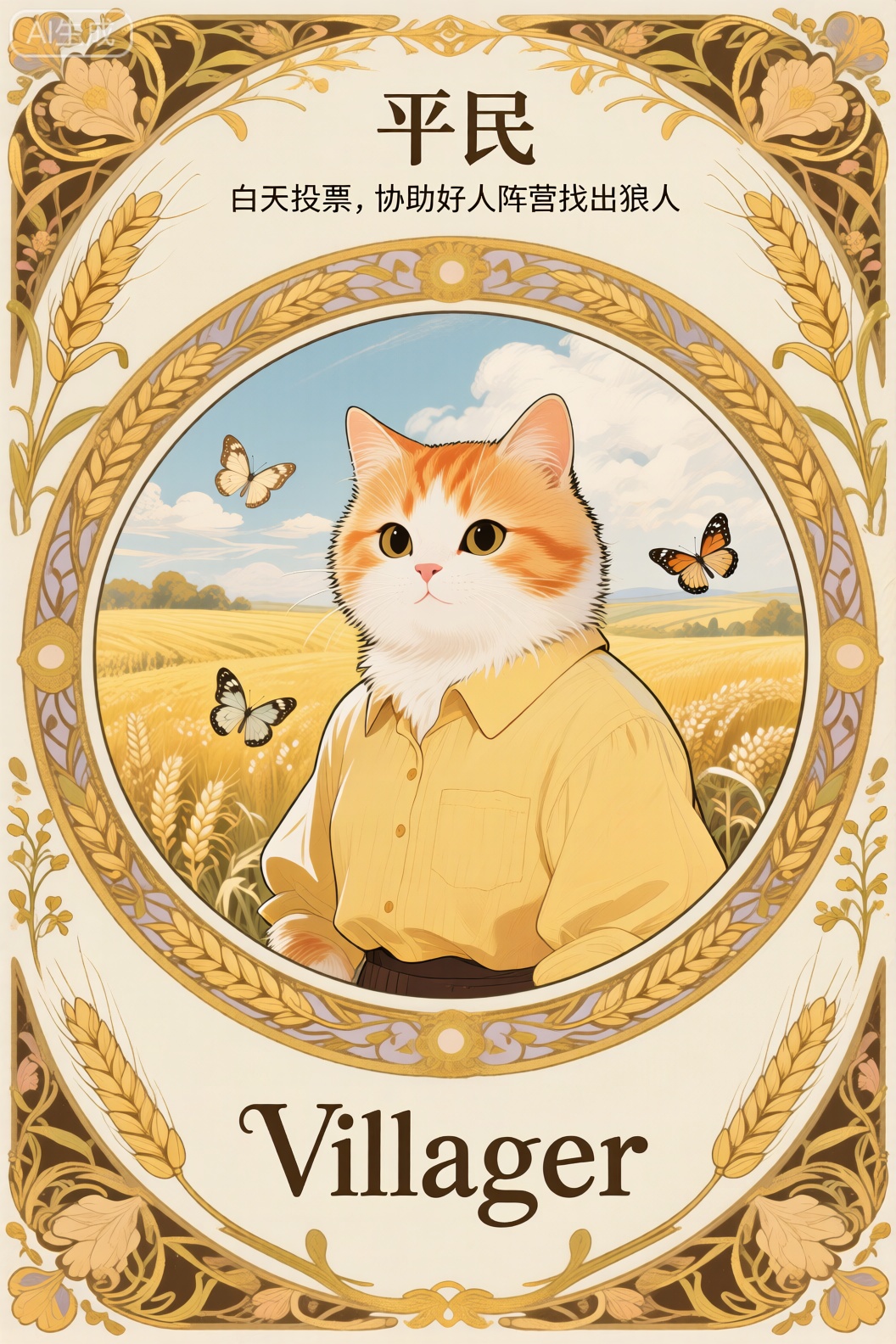 mxkp,平民角色卡牌设计,中心是穿着黄色衬衫的橘白相间猫咪,背景是金色麦田和蓝天白云,三只蝴蝶在猫咪周围飞舞,圆形肖像框,四周环绕金色麦穗和花卉花纹装饰,顶部文字“平民白天投票,协助好人阵营找出狼人”,底部文字“Villager”,田园风格插画,温暖色调,自然光线,游戏卡牌用途