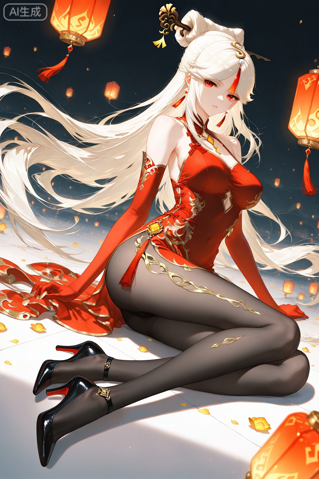 1girl, long hair, dress, solo, high heels, pantyhose, red eyes, breasts, gloves, red dress, elbow gloves, red gloves, ningguang \(genshin impact\), white hair, chinese clothes, china dress, black footwear, side slit, full body, hair ornament, looking at viewer, bare shoulders, very long hair, jewelry, tassel, earrings, black pantyhose