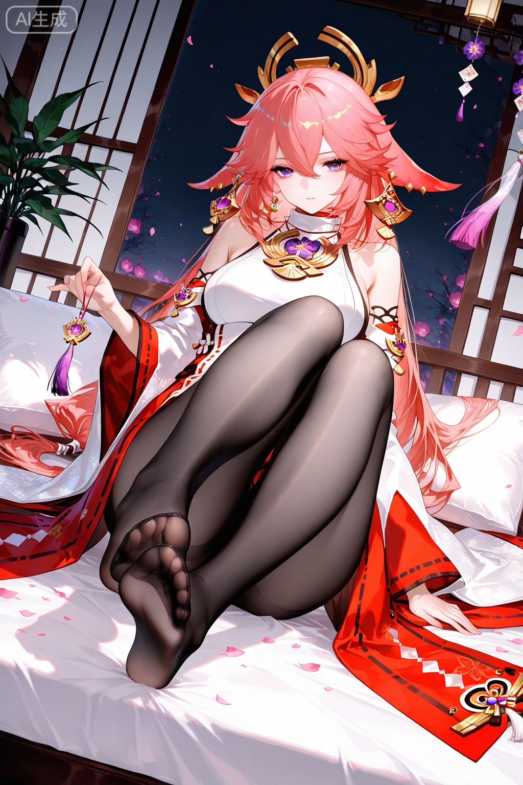 1girl, yae miko, long hair, solo, pantyhose, legs, feet, pink hair, animal ears, fox ears, detached sleeves, breasts, purple eyes, indoors, looking at viewer, black pantyhose, no shoes, jewelry, toes, earrings, hair between eyes, bare shoulders, holding, window, full body, wide sleeves, pillow, sitting, nontraditional miko, very long hair, shirt, flower, japanese clothes, tassel, soles, floppy ears, leg up, white shirt, large breasts