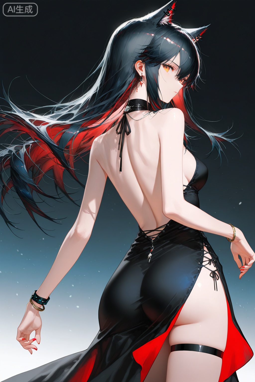 1girl, solo, animal ears, wolf ears, jewelry, long hair, black hair, looking at viewer, dress, breasts, red eyes, earrings, wolf girl, extra ears, black dress, bracelet, backless outfit, ass, bare shoulders, looking back, backless dress, thigh strap, texas \(arknights\), cowboy shot, red nails, side slit, from behind