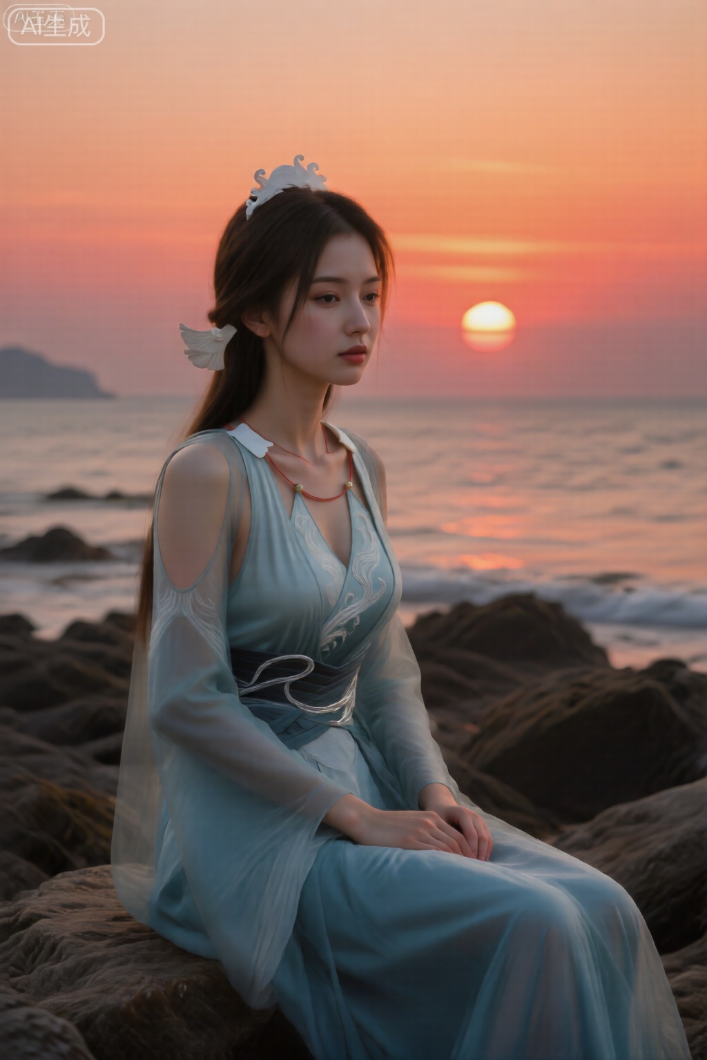 一位女性,真人摄影,坐在海边的礁石上。日落时分,天空呈现橙红色渐变,太阳的余晖勾勒出她的轮廓。画面充满故事感和浪漫气息。艺术摄影,精致的壁纸风。镜头参数： 24-70mm变焦镜头, f/11小光圈, 拍摄清晰的日落和人物剪影, 低感光度ISO 100。。。。。。,宋玉,浅蓝色半透明的连衣裙,头部两侧都有白色头饰,带有翼状的延伸