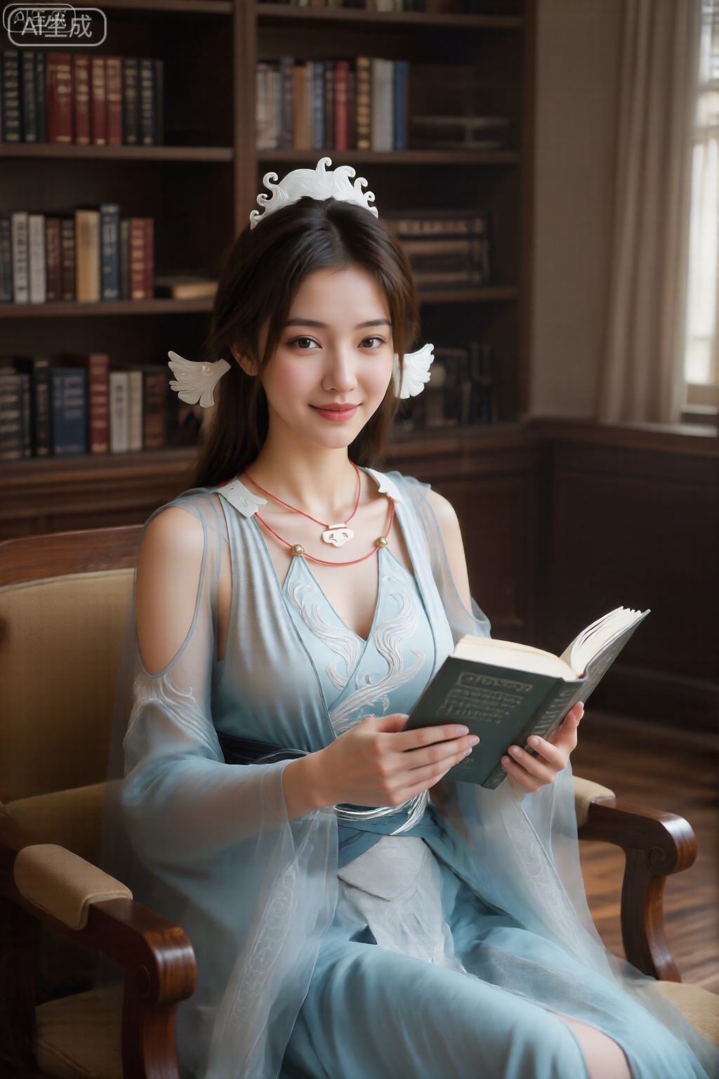 一位美丽的亚洲女性,真人摄影,坐在舒适的扶手椅上,背后是摆满书籍的书架。,手持一本书,对着镜头露出温柔知性的微笑。光线柔和,氛围温馨。超高细节,摄影级真实感,精致的壁纸风格,极具吸引力。镜头参数： 50mm定焦镜头, f/1.8大光圈, 室内自然光, ISO 400。。。。,宋玉,浅蓝色半透明的连衣裙,头部两侧都有白色头饰,带有翼状的延伸