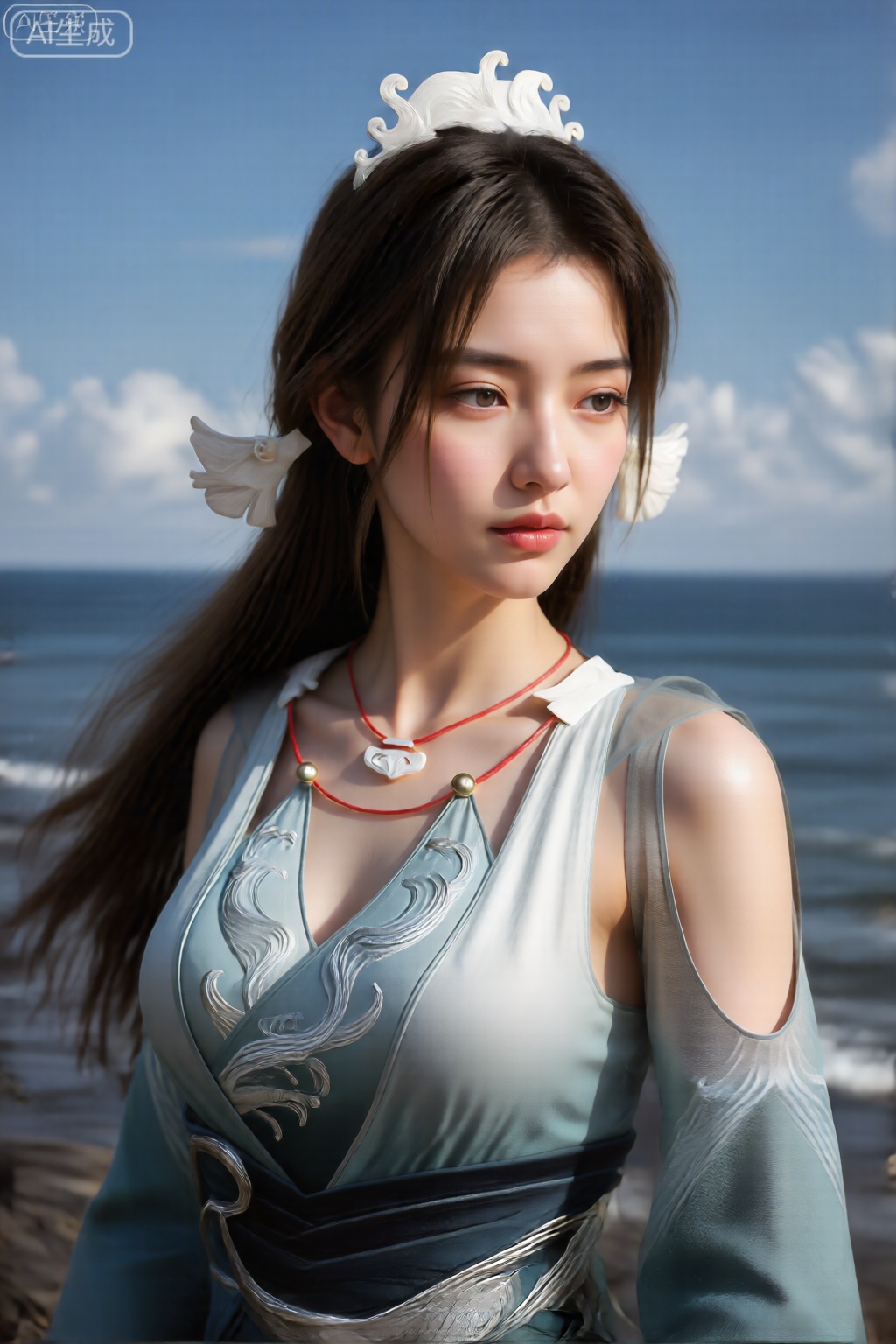 图像的特点是一个年轻的女人,长长的黑发流下了她的背部。她穿着一件详尽的无袖服装,主要是浅蓝色和白色,并带有复杂的银色图案。这件衣服具有未来派而优雅的设计,胸口高领,胸口深处V-Cut。她的头部两侧都有白色头饰,带有翼状的延伸,还有一条红色的项链,脖子上有白色的吊坠。
背景海边,蓝天白云。。。,宋玉