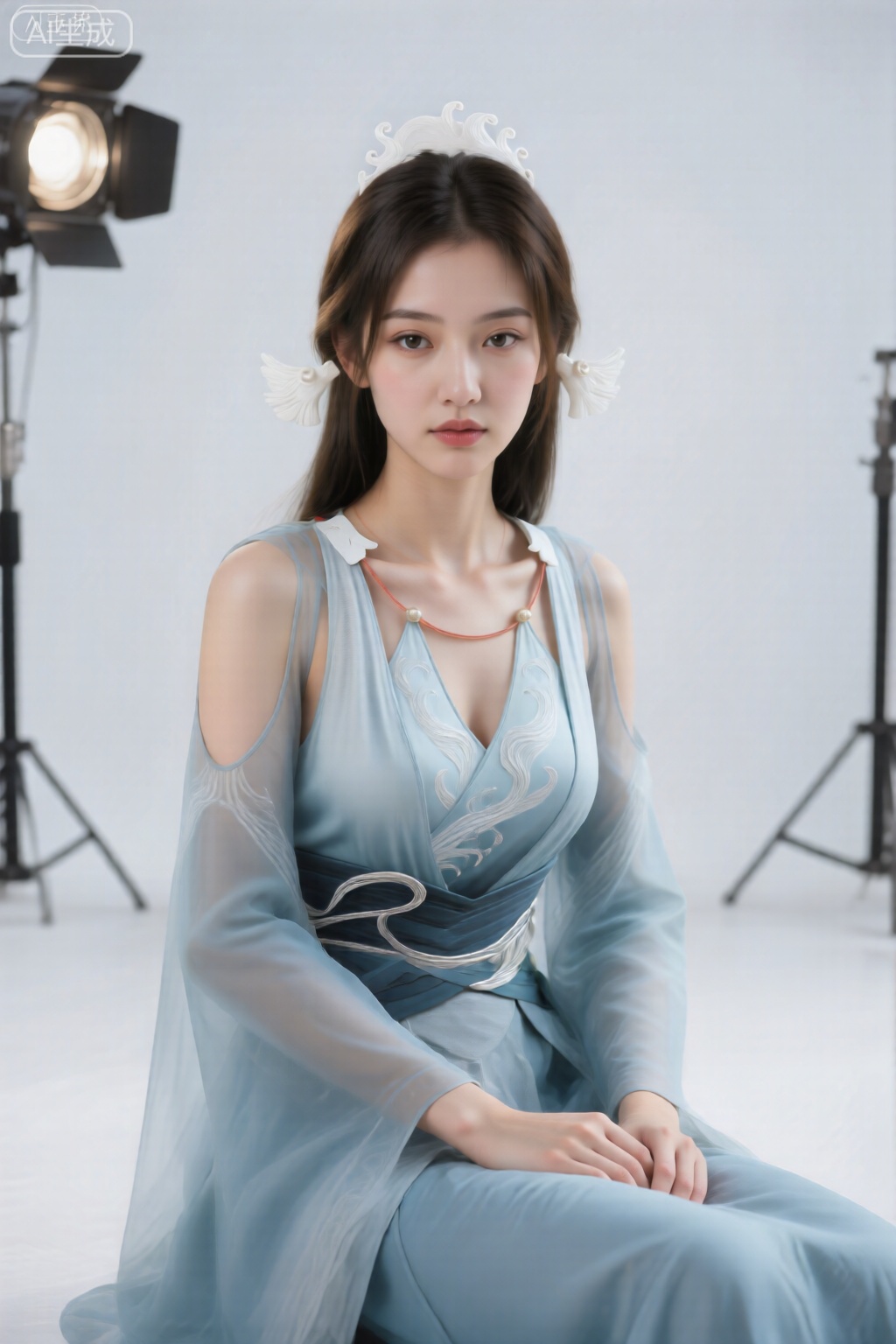 一位专业模特,真人摄影,坐在纯白色背景的摄影棚内。 ,坐姿优雅,表情冷静而高级。采用工作室专业布光,光线干净利落,突出服装和人物质感。高端商业摄影,精致的壁纸风格。镜头参数： 70-200mm长焦镜头, f/5.6光圈, 影棚闪光灯, 确保画面无噪点, 细节完美。。。。。。,宋玉,浅蓝色半透明的连衣裙,头部两侧都有白色头饰,带有翼状的延伸