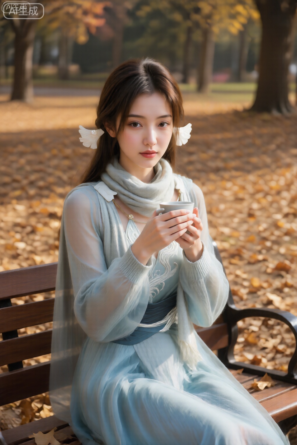 一位温柔的女性,真人摄影,坐在飘满落叶的公园长椅上。她裹着柔软的围巾,双手捧着温暖的杯子,眼神温柔地看向前方。秋日暖阳,色调温馨。极具感染力的真实摄影,精致的壁纸。镜头参数： 135mm定焦镜头, f/2.0光圈, 极致背景虚化, 突出人物柔和的情绪和毛衣的质感。。。。。。,宋玉,浅蓝色半透明的连衣裙,头部两侧都有白色头饰,带有翼状的延伸