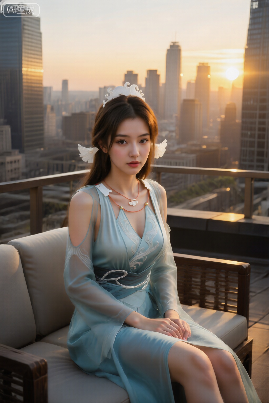 一位时尚的都市美女,真人摄影,坐在高楼天台的休闲沙发上。 ,妆容精致,眼神自信。城市天际线作为背景,夕阳时分,金色光芒。超高画质,广告大片质感,精致的壁纸风。镜头参数： 35mm广角镜头, f/4.0光圈, 捕捉更多环境, 黄金时刻光线。。。。。。,宋玉,浅蓝色半透明的连衣裙,头部两侧都有白色头饰,带有翼状的延伸