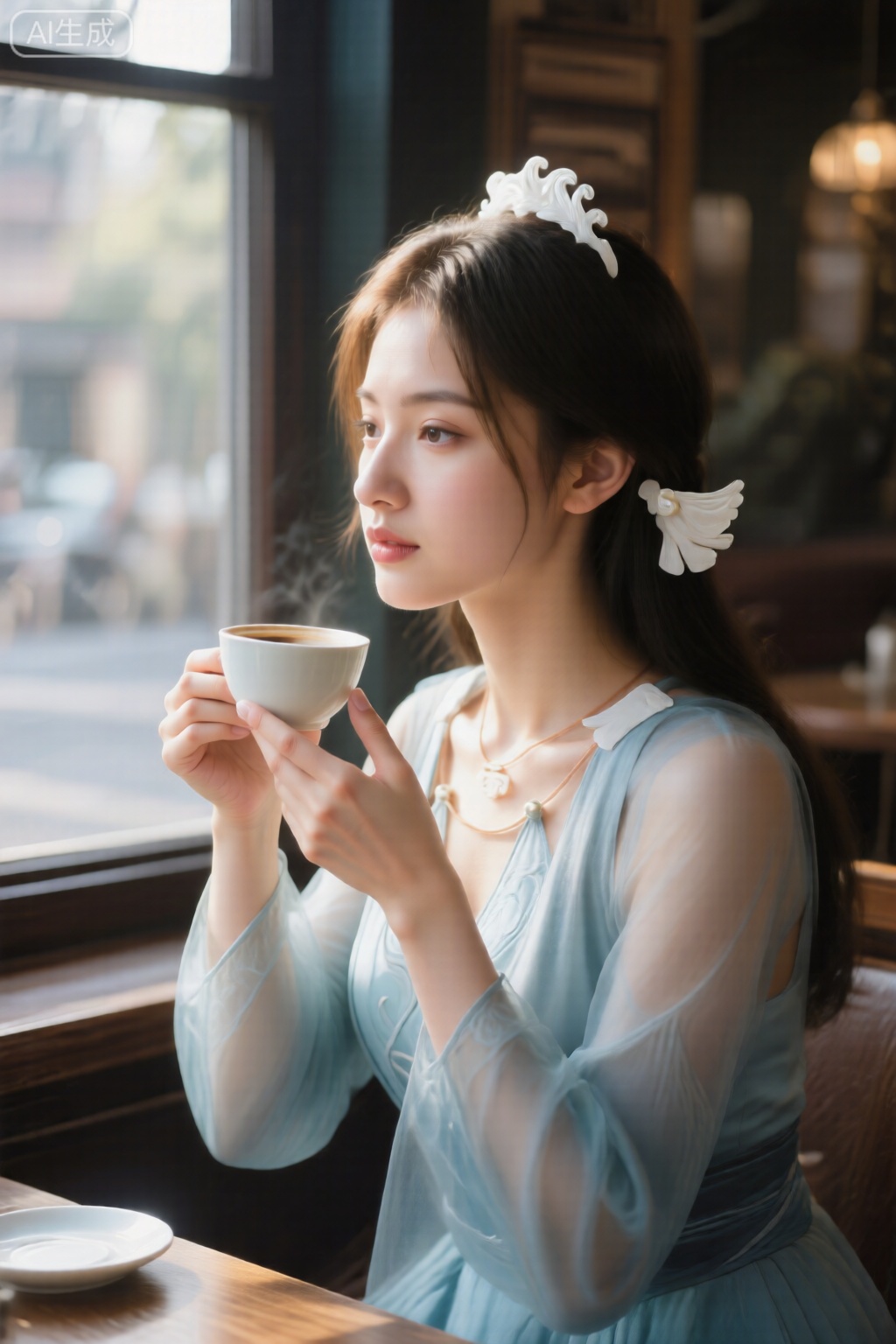 一位气质优雅的女郎,真人摄影,坐在复古咖啡馆的窗边。她正端起一杯咖啡,目光望向窗外,阳光洒在她的侧脸和头发上,形成美丽的光晕。背景虚化,突出人物。商业级摄影,精致壁纸,令人向往。镜头参数： 85mm人像镜头, f/2.0光圈, 快门速度1/125s, 营造奶油般虚化背景。。。。。,宋玉,浅蓝色半透明的连衣裙,头部两侧都有白色头饰,带有翼状的延伸