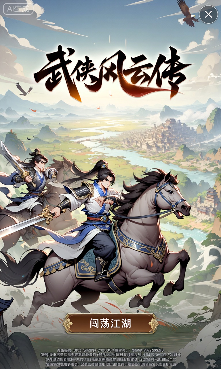 SBJM,该图像是“武侠风云传”竖版手机游戏的登录界面。主要视觉效果呈现两位侠肝义胆的武侠高手,骑着骏马飞驰：前面的高手手持长剑,剑身寒光闪闪,身后的高手则挥舞着大刀,刀风呼啸。骏马的鬃毛随风飘动,身上有着矫健的肌肉线条,马鞍上装饰着精美的图案。背景是一片广袤无垠的江湖大地,有连绵的山脉、奔腾的河流和古老的城镇,天空中时不时飞过几只雄鹰。在主场景下方,有一个标记为“闯荡江湖”的棕色按钮。底部的小文本有版权信息、版本号以及游戏公平竞技声明。
