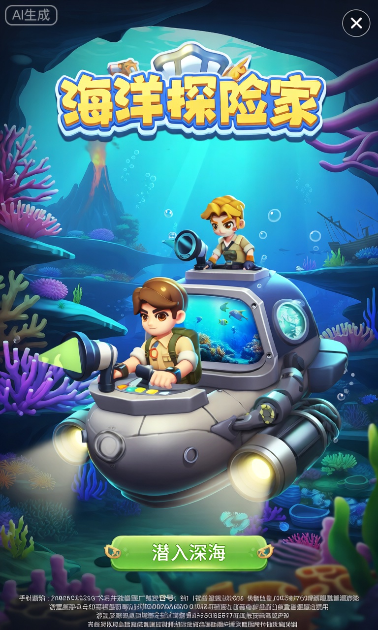 SBJM,此图像为“海洋探险家”竖版手机游戏的登录界面。主要视觉效果展示两名勇敢的海洋探险家,驾驶着潜水艇：潜水艇前端的角色操控着声呐探测器,屏幕上显示着周围海洋生物的影像,后方的角色则操作着机械臂,准备捕捉珍贵的海洋样本。潜水艇的外壳上有着坚固的金属纹理和明亮的探照灯。背景是一片深邃神秘的海洋,珊瑚礁五彩斑斓,各种奇异的海洋生物游来游去,远处还有神秘的海底火山和沉船。在主场景下方,有一个标记为“潜入深海”的绿色按钮。底部的小文本包含版权信息、版本号以及游戏数据保护说明。
