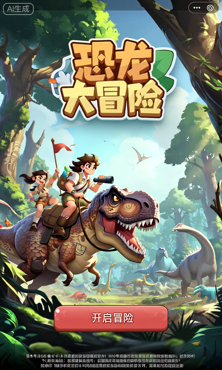 SBJM,此图像为“恐龙大冒险”竖版手机游戏的登录界面。主要视觉效果展示两个勇敢的小探险家,骑着威风凛凛的霸王龙：前方的探险家手持望远镜,观察着前方的地形,身后的探险家则挥舞着小旗帜,为队伍指引方向。霸王龙的身上有着逼真的鳞片纹理,牙齿锋利无比,身上还装饰着一些原始部落的图腾。背景是一片茂密的原始森林,参天大树遮天蔽日,各种恐龙在林间穿梭,天空中时不时飞过翼龙。在主场景下方,有一个标记为“开启冒险”的红色按钮。底部的小文本包含版权信息、版本号以及游戏防沉迷提示。
