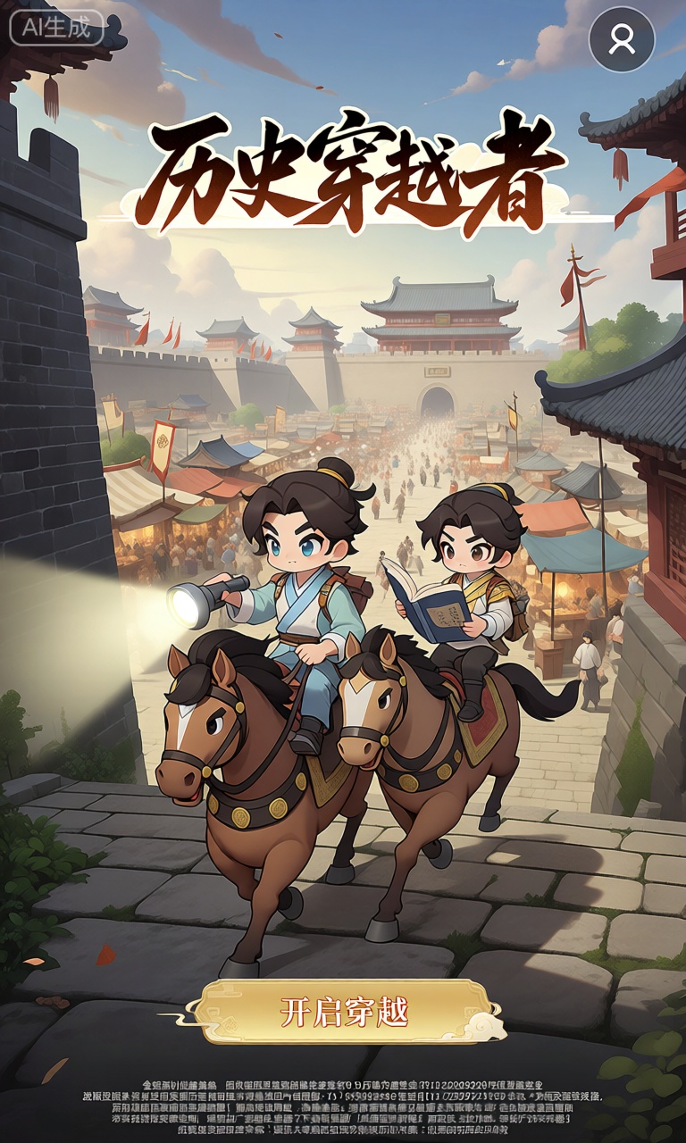 SBJM,此图像为“历史穿越者”竖版手机游戏的登录界面。主要视觉效果展示两名充满好奇心的穿越者,骑着古代的战马：前面的穿越者手持现代的手电筒,照亮前方的道路,身后的穿越者则拿着一本历史书籍,对比着周围的景象。战马的身上有着古代的鞍具和装饰,马蹄踏在古老的青石板上。背景是一片繁华的古代城市,有高大的城墙、热闹的集市和巍峨的宫殿,天空中飘着古代的旗帜。在主场景下方,有一个标记为“开启穿越”的黄色按钮。底部的小文本包含版权信息、版本号以及游戏历史准确性说明。

