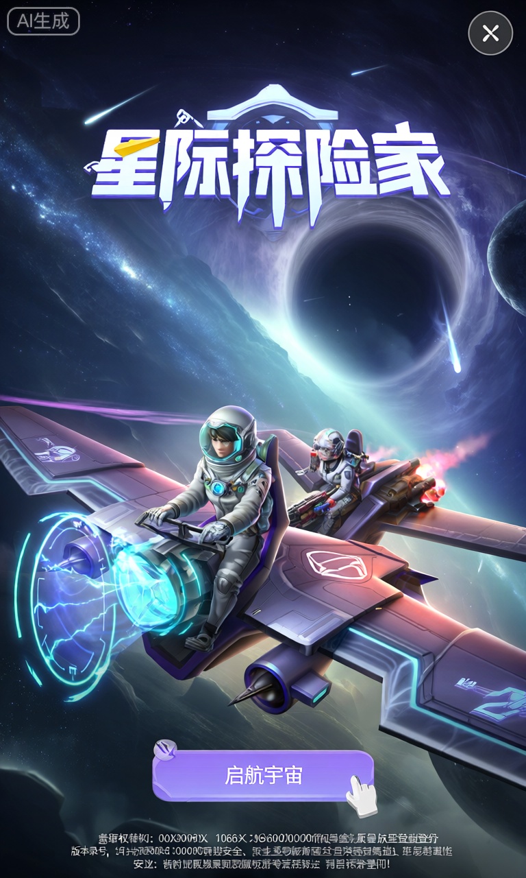 SBJM,此图像为“星际探险家”竖版手机游戏的登录界面。主要视觉效果展示两名身着未来科技感宇航服的探险者,驾驶着炫酷的星际飞船：飞船前端的角色操控着能量护盾发生器,护盾闪烁着幽蓝色的光芒,后方的角色则操作着先进的武器系统,武器炮口散发着炽热的红光。星际飞船的机翼上有复杂的能量纹路和发光标识。背景是一片浩瀚无垠的宇宙,星系星罗棋布,流星划过天际,神秘的宇宙黑洞在远处若隐若现。在主场景下方,有一个标记为“启航宇宙”的紫色按钮。底部的小文本包含版权信息、版本号以及游戏安全提示。

