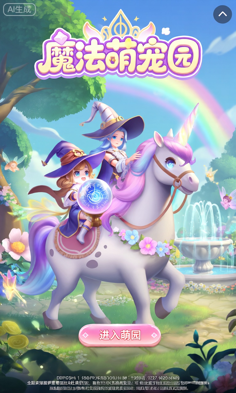 SBJM,该图像是“魔法萌宠园”竖版手机游戏的登录界面。主要视觉效果呈现两位可爱的魔法师,骑着巨大的魔法独角兽：前面的魔法师手持魔法水晶球,球内闪烁着神秘的符文光芒,后面的魔法师则抚摸着独角兽的鬃毛,独角兽的角散发着柔和的七彩光芒。魔法独角兽的身上有着柔软的毛发和漂亮的斑点,身上还装饰着魔法花朵。背景是一片梦幻般的魔法花园,有会说话的花朵、飞舞的精灵和魔法喷泉,天空中有一道绚丽的彩虹。在主场景下方,有一个标记为“进入萌园”的粉色按钮。底部的小文本有版权信息、版本号以及游戏社交互动规则。
