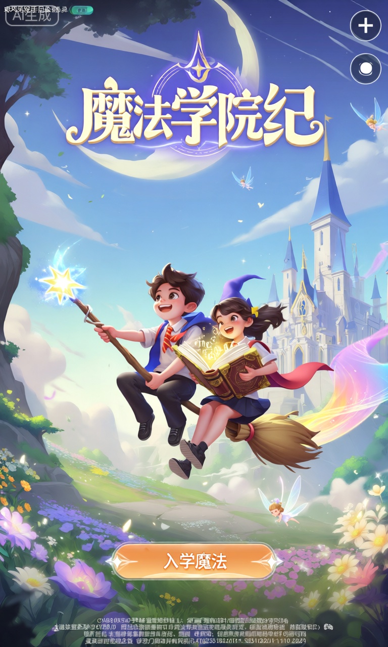 SBJM,该图像是“魔法学院纪”竖版手机游戏的登录界面。主要视觉效果呈现两位充满青春活力的魔法学员,骑着魔法扫帚飞翔：前面的学员手持魔法棒,魔法棒顶端闪烁着璀璨的星光,后面的学员则抱着一本古老的魔法书,书页间散发着神秘的符文光芒。魔法扫帚的尾部拖着长长的彩色光带。背景是一座宏伟壮观的魔法学院,城堡尖顶高耸入云,周围是盛开的魔法花朵和飞舞的精灵,天空中有一轮巨大的魔法月亮。在主场景下方,有一个标记为“入学魔法”的橙色按钮。底部的小文本有版权信息、版本号以及游戏社区规则。
