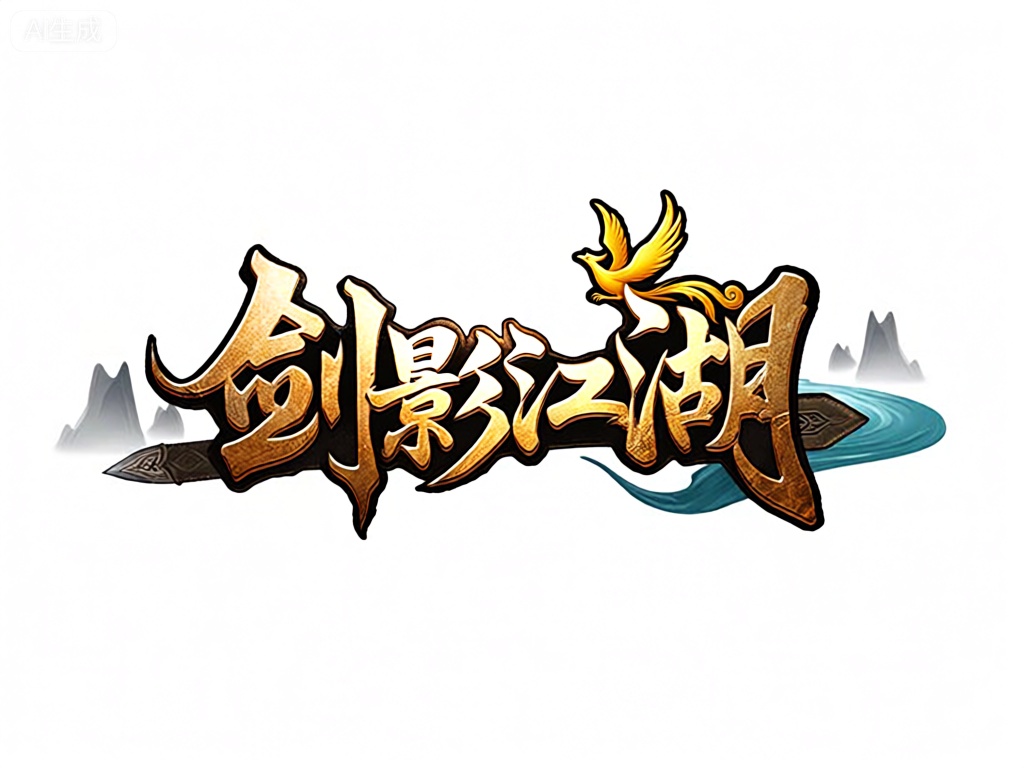 YXLG,此图像以“剑影江湖”（jiànyǐngjiānghú）为文字主体,运用3D立体效果,文字表面呈现出金属质感,仿佛由锋利的剑刃构成。文字上方,有两只展翅欲飞的金色凤凰,增添了尊贵与霸气。文字下方,右侧设计有一条蜿蜒的河流,左侧则是几座若隐若现的山峰。背景简洁白色,使得整个图标既具有武侠的豪迈,又不失精致与细腻。

