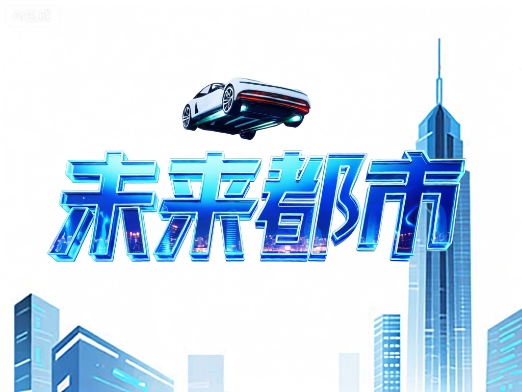 YXLG,该图标以“未来都市”（wèiláidūshì）为文字主体,运用3D光影效果,文字呈现出透明玻璃质感,内部有流动的城市灯光。文字上方,悬浮着一个飞行的汽车模型,象征着未来的交通方式。文字下方,右侧设计有一个高耸的摩天大楼图案,左侧则是几座充满科技感的建筑。背景白色,使得整个图标充满了未来感与都市气息。
