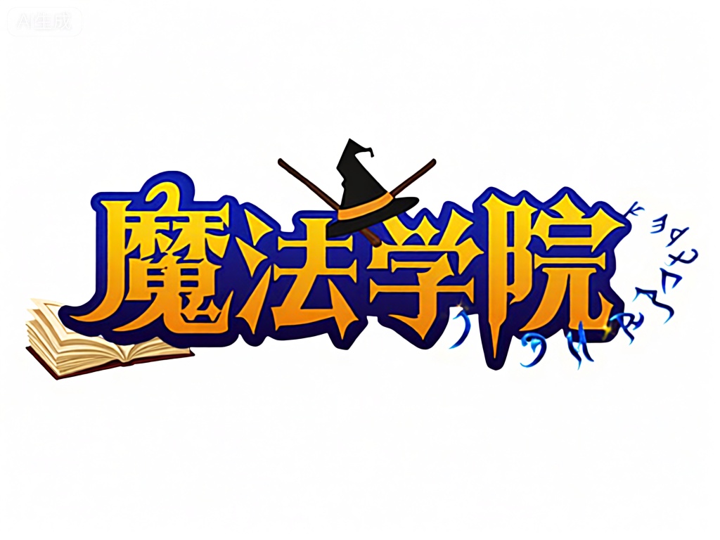 YXLG,图像以“魔法学院”（mófǎxuéyuàn）为文字元素,采用2D扁平化设计,文字颜色鲜艳,充满活力。文字上方,有一个魔法帽和一根魔法棒交叉的图案,散发出神秘的气息。文字下方,左侧是几本翻开的魔法书籍,右侧则是一串闪烁的魔法符文。背景为白色,突出了文字的魔法主题,整体设计简洁而富有创意。

