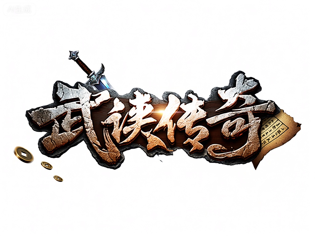 YXLG,此图标以“武侠传奇”（wǔxiáchuánqí）为文字元素,运用3D雕刻效果,文字表面呈现出粗糙的岩石质感,仿佛历经沧桑。文字上方,有一把插在地上的巨剑,剑身闪烁着寒光。文字下方,右侧设计有一个古老的剑谱图案,左侧则是几枚散落的铜钱。背景白色,突出了文字的武侠风格,整体设计充满了力量与传奇色彩。
