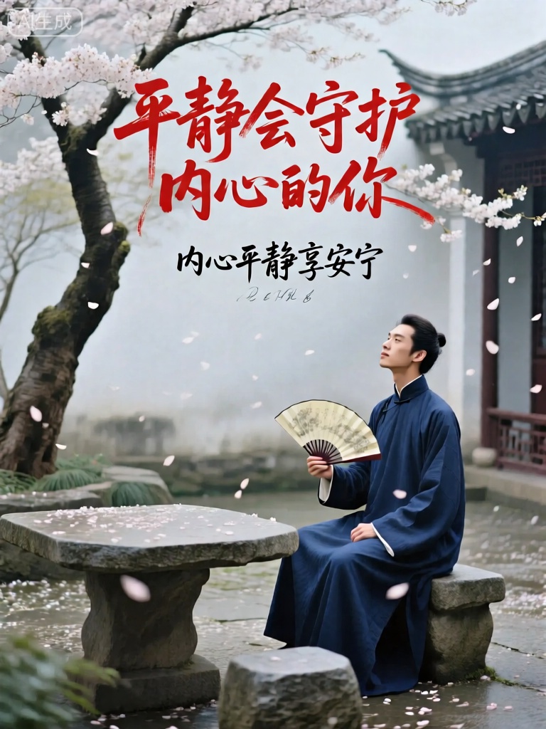 ZYHB,图像呈现了一个坐在古老庭院石凳上的人,静静地看着庭院里的樱花飘落。此人穿着一件深蓝色的中式长袍,手里拿着一把折扇,神情悠然自得。庭院里有一棵古老的樱花树,满树的樱花如云似霞,微风拂过,花瓣纷纷扬扬地飘落下来,洒在石凳、石桌上。天空呈现出淡淡的灰色,给人一种宁静而悠远的感觉。画面中心用红色的大字写着“平静会守护内心的你”（平静会守护你的内心）,下方以黑色的行书字体写着“内心平静享安宁”。文字与庭院的古朴氛围相呼应,营造出一种静谧祥和的意境。
