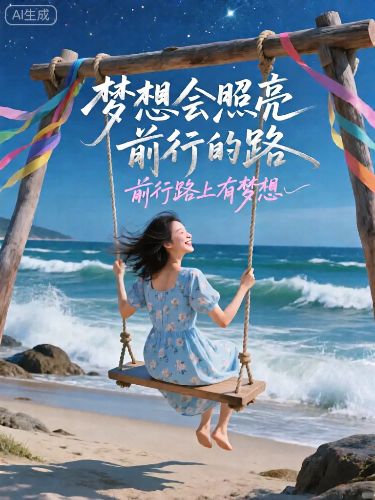 ZYHB,图像描绘了一位坐在海边秋千上的人,轻轻摇晃,享受着海风的吹拂。此人穿着一件淡蓝色的碎花连衣裙,头发随风飘动,脸上洋溢着惬意的笑容。秋千架是用粗壮的木头制成,绳索上缠绕着彩色的丝带。远处的大海波涛汹涌,白色的浪花不断拍打着岸边的礁石。天空呈现出深邃的宝蓝色,繁星点点闪烁。画面中心用银色的大字写着“梦想会照亮前行的路”（梦想会指引你前行）,下方以淡粉色的草书字体写着“前行路上有梦想”。文字与海边的浪漫氛围相契合,激发人们对梦想的追求。
