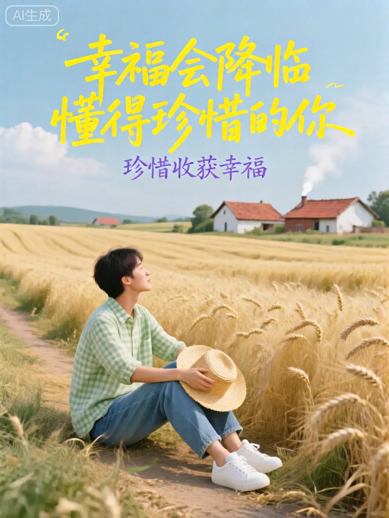 ZYHB,图像描绘了一位坐在乡村田野小道旁的人,看着眼前金黄的麦浪随风起伏。此人穿着一件浅绿色的格子衬衫和一条蓝色的牛仔裤,脚蹬一双白色的运动鞋,手里拿着一顶草帽。田野里,麦穗饱满,在微风中轻轻摇曳,发出沙沙的声响。远处有几座红瓦白墙的农舍,炊烟袅袅升起。天空呈现出淡蓝色,点缀着几朵洁白的云朵。画面中心用黄色的大字写着“幸福会降临懂得珍惜的你”（幸福会眷顾懂得珍惜的人）,下方以淡紫色的楷书字体写着“珍惜收获幸福”。文字与乡村田野的质朴氛围相契合,传递出对生活的感恩之情。
