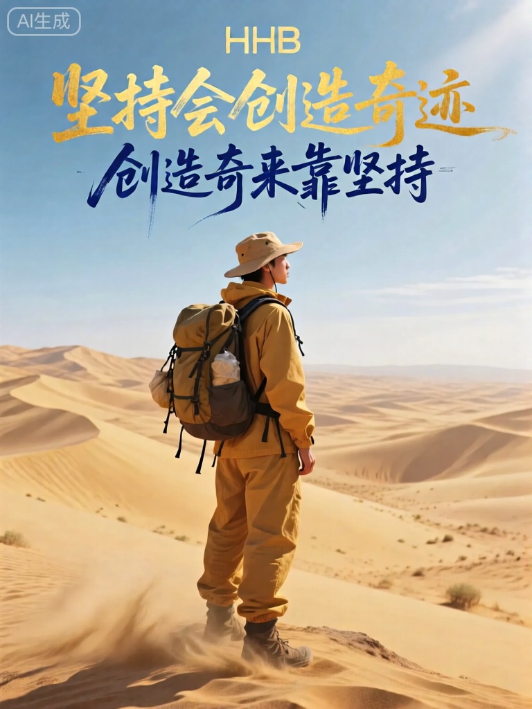 ZYHB,主体是一个站在沙漠高处的人,望着远方连绵起伏的沙丘,眼神坚定。此人穿着一件土黄色的防沙服,戴着一顶宽边的遮阳帽,背着一个装满物资的背包。沙漠里阳光炽热,沙丘在阳光的照耀下呈现出金黄色的光泽,偶尔有一阵热风吹过,卷起细细的沙尘。天空湛蓝而高远,没有一丝云彩。画面中心用金色的大字写着“坚持会创造奇迹”（坚持会带来奇迹）,下方以深蓝色的草书字体写着“创造奇迹靠坚持”。文字与沙漠的广袤无垠相融合,彰显出坚韧不拔的精神。
