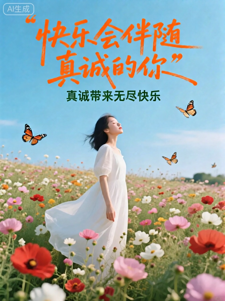ZYHB,主体是一个站在花海中央的人,闭上眼睛,深深呼吸着花香。此人穿着一件白色的连衣裙,裙摆随风飘动,宛如花中的仙子。花海里种满了各种各样的花朵,红的像火,粉的像霞,白的像雪,五彩斑斓,美不胜收。天空湛蓝如洗,几只蝴蝶在花丛中翩翩起舞。画面中心用橙色的大字写着“快乐会伴随真诚的你”（快乐会围绕真诚的人）,下方以深绿色的楷书字体写着“真诚带来无尽快乐”。文字与花海的绚丽色彩相融合,传递出愉悦的心情。
