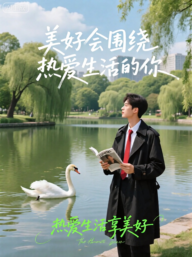 ZYHB,主体是一个站在城市公园湖边的人,看着湖中的天鹅优雅地游动。此人穿着一件黑色的风衣,内搭一件白色的衬衫,系着一条红色的领带,手里拿着一本杂志。公园里绿树成荫,湖水清澈碧绿,岸边的垂柳依依,倒映在水中。天空中飘着几朵洁白的云朵,阳光透过树叶的缝隙洒在湖面上,波光粼粼。画面中心用白色的大字写着“美好会围绕热爱生活的你”（美好会围绕热爱生活的人）,下方以绿色的草书字体写着“热爱生活享美好”。文字与公园的宁静优美相融合,激发人们对生活的热爱之情。
