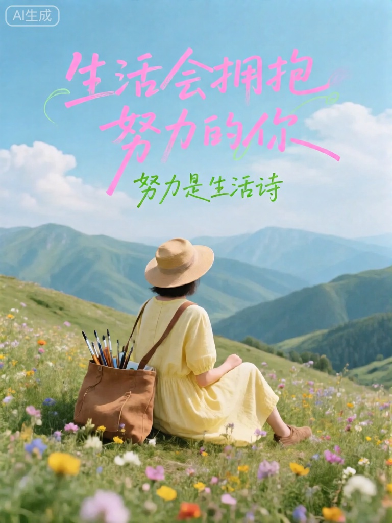 ZYHB,图像描绘了一位坐在开满野花的山坡上的人,背对镜头,眺望远方连绵起伏的青山。此人戴着一顶宽边遮阳帽,身着淡黄色的棉质连衣裙,脚边放着一个装满画具的棕色帆布包。山坡上五彩斑斓的花朵肆意绽放,与远处青山相互映衬。天空湛蓝如宝石,几朵洁白的云朵悠然飘荡。突出的文字覆盖在场景中：画面中心用较大的、柔和的粉色手写体写着“生活会拥抱努力的你”（生活会眷顾努力的人）。在这行字下方,以淡绿色的行书字体写着“努力是生活的诗”。文字与自然景观相得益彰,营造出宁静而充满希望的氛围。
