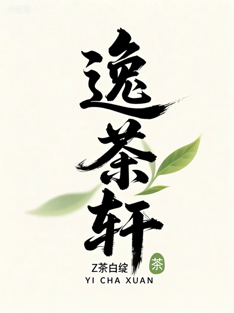 CYZT,该图像具有洒脱的黑色行草中国书法角色,以纯净的米白色背景为衬托。角色“逸茶轩”（Yi Cha Xuan）以灵动的笔触风格写成,仿佛能看到茶叶在水中舒展、茶香袅袅升腾的动态画面,充满了悠然闲适的意境。在这些主要角色下方,较小的黑色文字呈现“新茶初绽”（Xin Cha Chu Zhan）,可理解为新茶刚刚开始展现其魅力。在这个较小的文本的右侧,有一个小的绿色圆形,其中包含字符“茶”（Cha）,进一步强调了茶的主题。在底部,大写字母呈现了拼音拼写“YI CHA XUAN”。总体设计简洁而雅致,米白色背景凸显了黑色书法和绿色元素,营造出宁静、清新的氛围。

