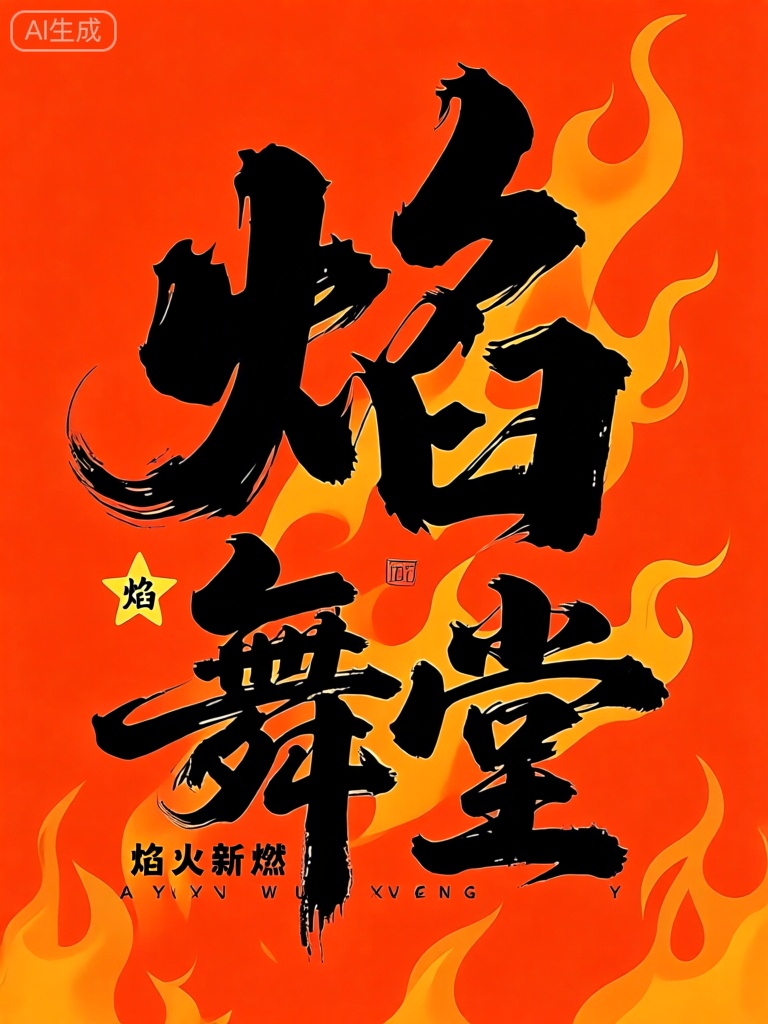 CYZT,该图像具有豪放的黑色狂草中国书法角色,以热烈的橙红色背景为突出显示。角色“焰舞堂”（Yan Wu Tang）以奔放的笔触风格写成,仿佛能看到火焰在狂舞、炽热而充满激情的动态画面,充满了活力与热情。在这些主要角色下方,较小的黑色文字呈现“焰火新燃”（Yan Huo Xin Ran）,意味着新的火焰开始燃烧,带来新的希望和活力。在这个较小的文本的左侧,有一个小的黄色星形,其中包含字符“焰”（Yan）,强化了火焰的主题。在底部,大写字母呈现了拼音拼写“YAN WU TANG”。总体设计热烈而富有激情,橙红色背景增强了黑色和黄色元素的视觉效果,营造出欢快、热烈的氛围。

