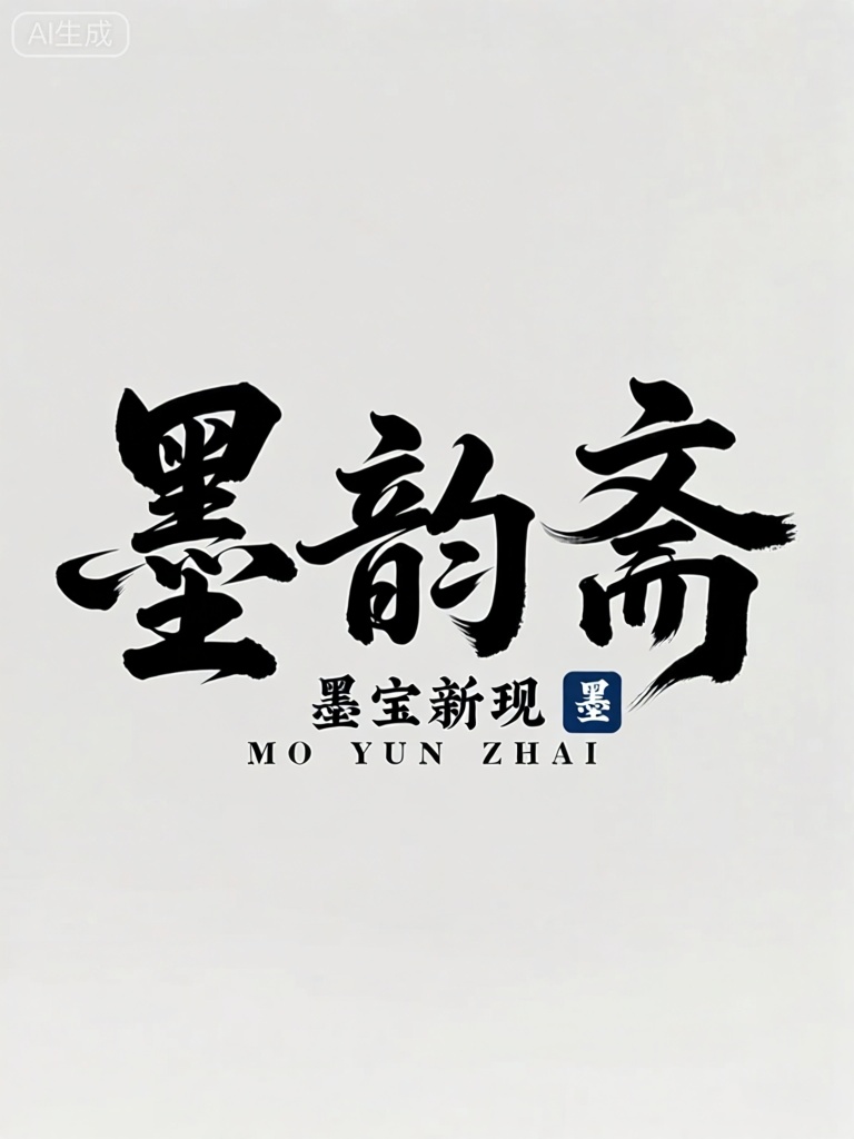 CYZT,该图像具有古朴的黑色篆书中国书法角色,以淡雅的浅灰色背景为衬托。角色“墨韵斋”（Mo Yun Zhai）以端庄、规整的笔触风格写成,仿佛能让人感受到古代文人墨客在书房中挥毫泼墨、沉浸于书法艺术的高雅氛围,充满了文化底蕴。在这些主要角色下方,较小的黑色文字呈现“墨宝新现”（Mo Bao Xin Xian）,即新的墨宝出现或展示。在这个较小的文本的右侧,有一个小的深蓝色方形,其中包含字符“墨”（Mo）,突出了墨的主题。在底部,大写字母呈现了拼音拼写“MO YUN ZHAI”。总体设计简洁而典雅,浅灰色背景凸显了黑色书法和深蓝色元素,营造出宁静、深邃的氛围。

