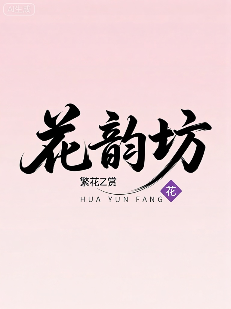 CYZT,该图像具有飘逸的黑色瘦金体中国书法角色,以柔和的淡粉色背景为衬托。角色“花韵坊”（Hua Yun Fang）以纤细而灵动的笔触风格写成,仿佛能看到花朵在微风中轻轻摇曳、散发着迷人芬芳的情景,充满了浪漫和诗意。在这些主要角色下方,较小的黑色文字呈现“繁花新赏”（Fan Hua Xin Shang）,即可以欣赏到新的繁花美景。在这个较小的文本的右侧,有一个小的紫色菱形,其中包含字符“花”（Hua）,突出了花的主题。在底部,大写字母呈现了拼音拼写“HUA YUN FANG”。总体设计清新而柔美,淡粉色背景与黑色书法和紫色元素相得益彰,营造出温馨、浪漫的氛围。

