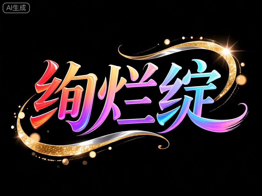 BTZT,此设计以黑色背景凸显中文字符“绚烂绽”。文字采用多彩渐变效果,从红色到紫色再到蓝色,笔触饱满而富有张力。文字周围是金色和银色的光斑与光带,它们以璀璨夺目的方式环绕文字,营造出一种华丽而绚烂的氛围。黑色背景与文字的鲜艳色彩形成鲜明对比,使得设计更加耀眼夺目。
