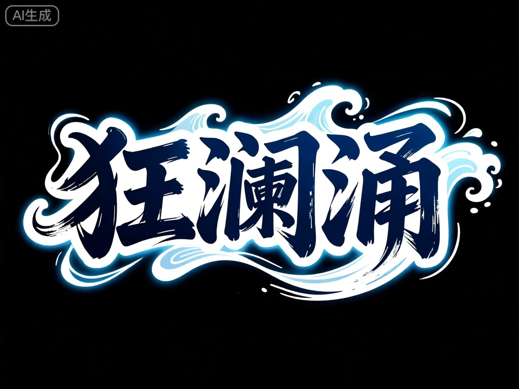 BTZT,该设计以黑色背景衬托出中文字符“狂澜涌”。文字采用深蓝色,笔触粗犷而有力,如同海浪在汹涌。文字周围是白色和浅蓝色的浪花状光效,它们以动态的线条和形状环绕文字,营造出一种磅礴而壮观的氛围。黑色背景与文字的深邃色彩形成强烈对比,使得设计更加震撼人心。
