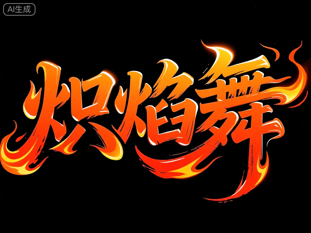 BTZT,该设计以黑色为背景,中文字符“炽焰舞”以炽热的红色呈现。文字笔触粗犷而富有张力,如同火焰在燃烧。文字周围是橙色和黄色的火焰状光效,它们以不规则的形状和动态的线条环绕,营造出一种热烈而奔放的氛围。黑色背景与火焰的明亮色彩形成鲜明对比,使文字更加突出。
