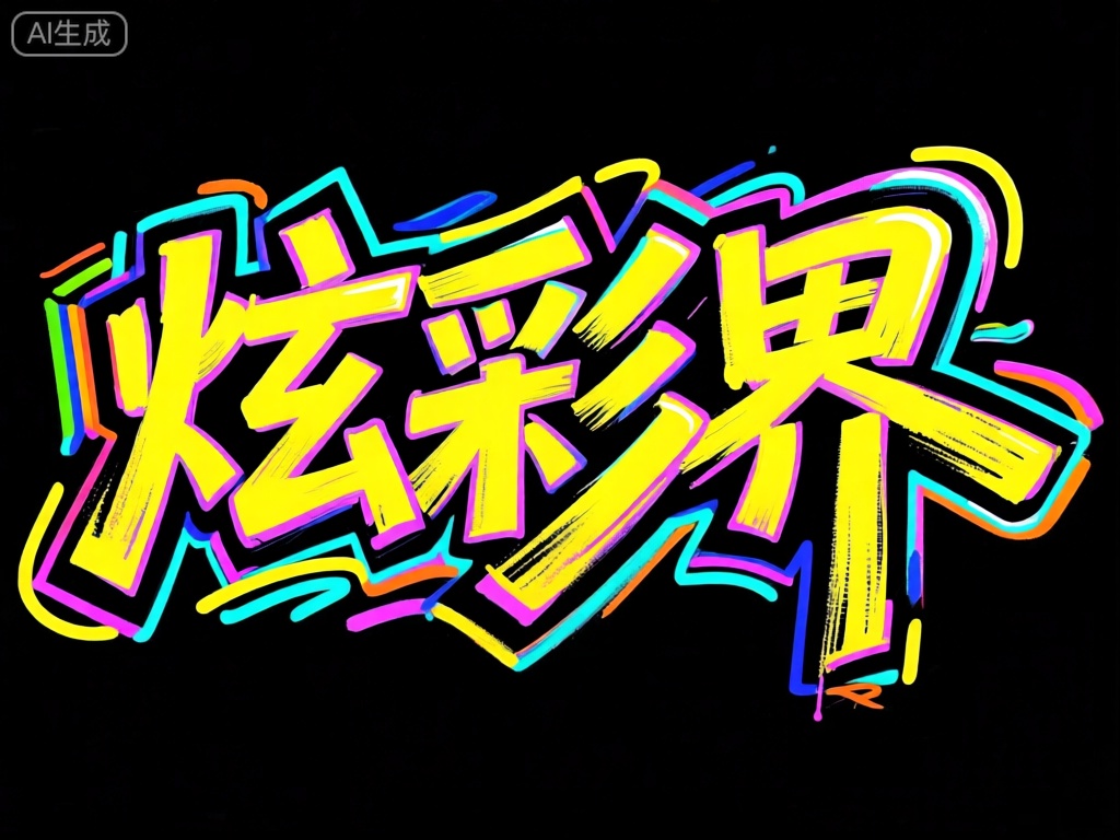 BTZT,此设计以黑色为背景,中文字符“炫彩界”跃然眼前。文字以亮橙色为主,笔触粗犷有力,带有一种不羁的街头艺术风格。文字周围环绕着多彩的霓虹线条,它们以不规则的角度和曲线穿梭,营造出一种热闹非凡、充满活力的氛围。高对比度的色彩搭配,让文字在黑色背景上格外醒目。
