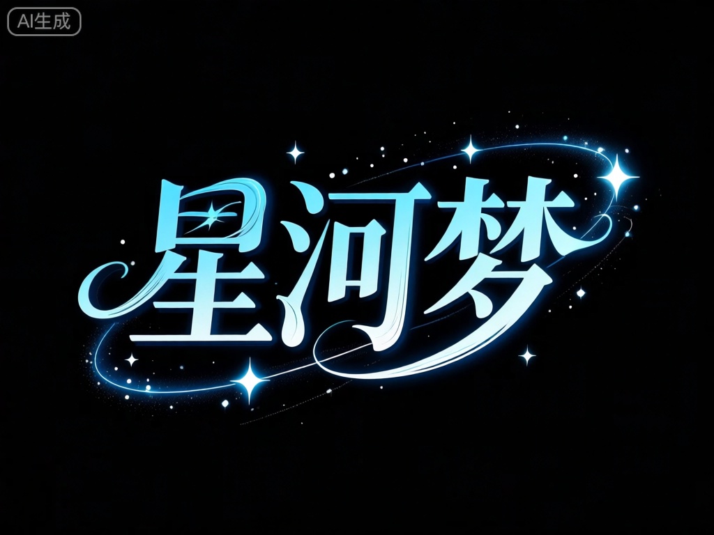 BTZT,图像以黑色背景为舞台,中文字符“星河梦”以深蓝色为主色调。文字笔触细腻而深邃,仿佛蕴含着宇宙的奥秘。围绕文字的是由浅蓝色和白色组成的星点与光带,它们以随机而优雅的方式分布,为设计增添了一种梦幻般的星空感。黑色背景与文字的冷色调形成和谐对比,使得整个设计既神秘又迷人。
