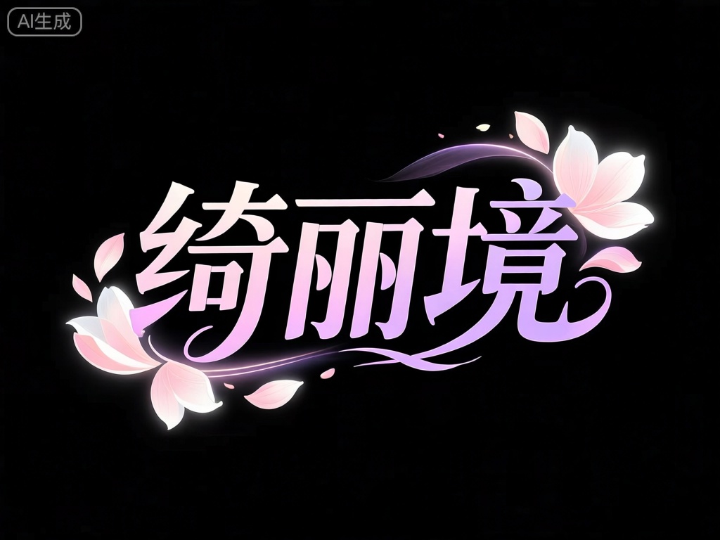 BTZT,图像以黑色背景为基底,中文字符“绮丽境”以粉紫色调呈现。文字笔触柔和而富有变化,如同梦幻中的花园。围绕文字的是由浅粉色和白色组成的花瓣与光晕,它们以轻盈的姿态飘散,为设计增添了一种浪漫而唯美的氛围。黑色背景与文字的柔和色彩形成温馨对比,使得整个设计既优雅又迷人。
