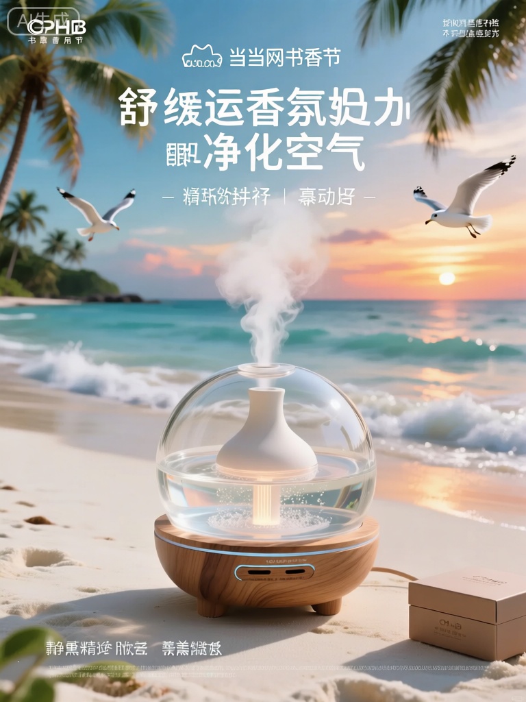 CPHB,该图像是香薰机产品的广告。该香薰机以圆润的球形呈现,外壳采用透明玻璃材质,搭配木质底座,尽显自然与精致。香薰机内部通过超声波震动将水和精油雾化成细腻的微粒,散发到空气中,营造出清新宜人的氛围,暗示着“舒缓压力”与“净化空气”的效果。背景以宁静的东南亚海滩为特色,其中有洁白的沙滩、清澈的海水,与远处摇曳的椰子树和绚丽的日落相互映衬。海浪轻轻拍打着岸边,海鸥在天空中飞翔,整个场景充满了悠闲和惬意的感觉。图像中的文字包括用于当当网书香节的促销信息,突出显示了诸如“多种香氛选择”“静音运行设计”之类的功能,以及活动期间购买享有的特殊优惠,其中包括香薰精油套装和精美收纳盒。总体设计结合了东南亚热带风情的元素以及现代香薰产品的优雅呈现。