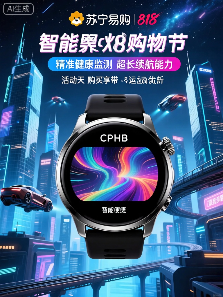CPHB,该图像是智能手表产品的广告。这款智能手表以时尚的圆形表盘呈现,表盘采用黑色陶瓷材质,搭配银色金属边框,显得科技感十足。表盘内部是一块高清的彩色触摸屏,屏幕显示清晰细腻,有着丰富的色彩和流畅的动画效果,暗示着“智能便捷”与“高清显示”的特性。背景以未来感十足的科技城市为特色,其中有高耸入云的玻璃大厦、闪烁着霓虹灯光的飞行汽车,与悬浮在空中的交通轨道和璀璨的星空相互交织。城市中弥漫着淡淡的蓝色光芒,营造出神秘而先进的氛围。图像中的文字包括用于苏宁易购818发烧购物节的促销信息,突出显示了诸如“精准健康监测”“超长续航能力”之类的功能,以及活动当天购买享有的特殊优惠,其中包括手表表带和运动耳机。总体设计结合了未来科技美学的元素以及现代智能手表的时尚呈现。