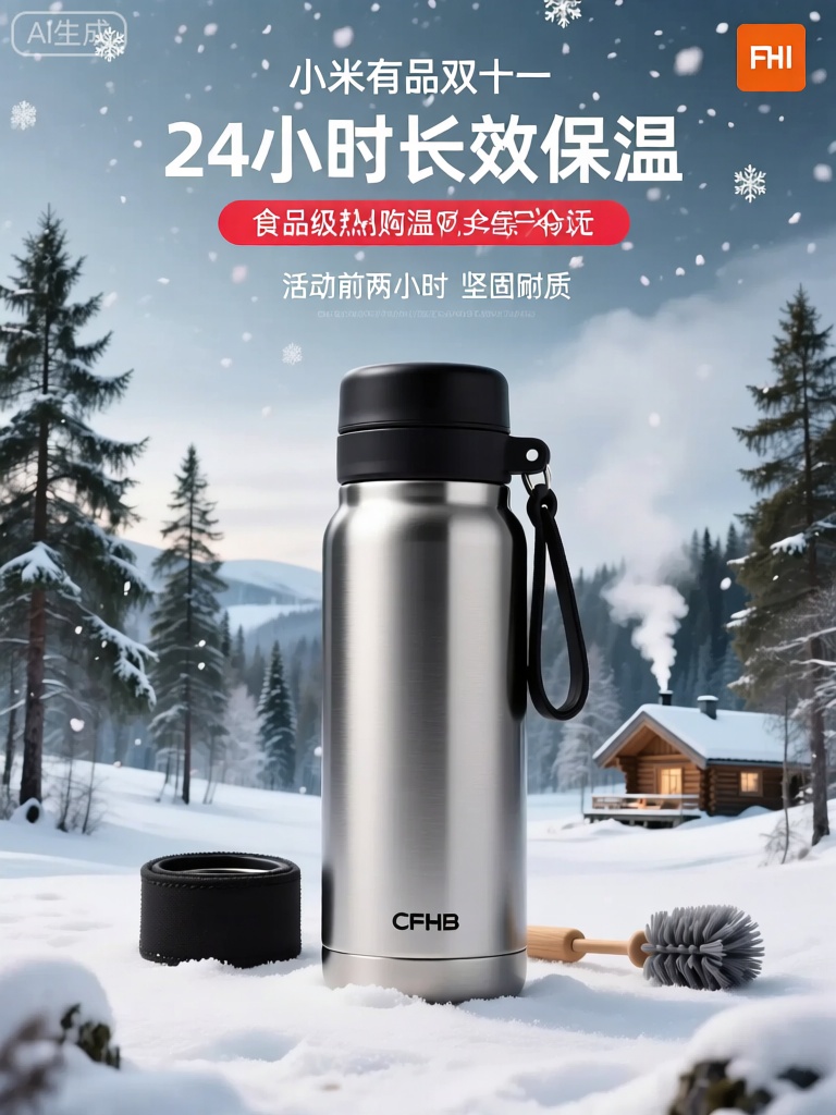 CPHB,该图像是保温杯产品的广告。该保温杯以简约的圆柱形呈现,杯身采用不锈钢材质,表面有着细腻的磨砂处理,搭配黑色的杯盖和提手,尽显实用与时尚。保温杯内部是真空隔热层,能够有效保持水温,无论是热水还是冷水都能长时间维持适宜的温度,暗示着“高效保温”与“坚固耐用”的品质。背景以宁静的北欧森林为特色,其中有高大挺拔的松树、洁白的雪地,与远处温馨的木屋和袅袅升起的炊烟相互映衬。天空中飘着纷纷扬扬的雪花,营造出静谧而祥和的氛围。图像中的文字包括用于小米有品双十一的促销信息,突出显示了诸如“24小时长效保温”“食品级安全材质”之类的功能,以及活动前两小时购买享有的特殊优惠,其中包括定制的杯套和清洁刷。总体设计结合了北欧简约美学的元素以及现代保温杯的实用呈现。