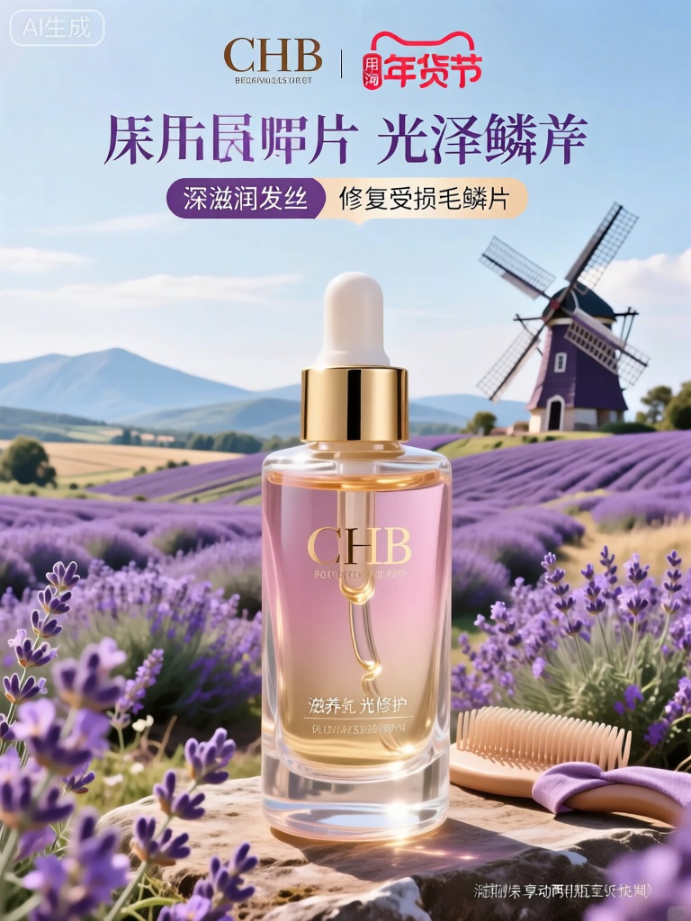 CPHB,该图像是护发精油产品的广告。该护发精油以精致的玻璃瓶呈现,瓶身有着流畅的曲线和淡粉色的渐变色彩,搭配金色的瓶盖,尽显优雅浪漫。瓶内是透明略带金色的精油,质地轻盈,在光线下闪烁着迷人的光泽,暗示着“滋养修护”与“光泽亮丽”的效果。背景以浪漫的普罗旺斯薰衣草田为特色,其中有连绵起伏的紫色花海、古朴的风车,与远处淡蓝色的山脉和晴朗的天空相互映衬。微风拂过,薰衣草轻轻摇曳,散发出阵阵芬芳。图像中的文字包括用于淘宝年货节的促销信息,突出显示了诸如“深层滋润发丝”“修复受损毛鳞片”之类的功能,以及活动期间购买两瓶享有的特殊优惠,其中包括定制的梳子和发带。总体设计结合了法式浪漫美学的元素以及现代护发产品的精致呈现。