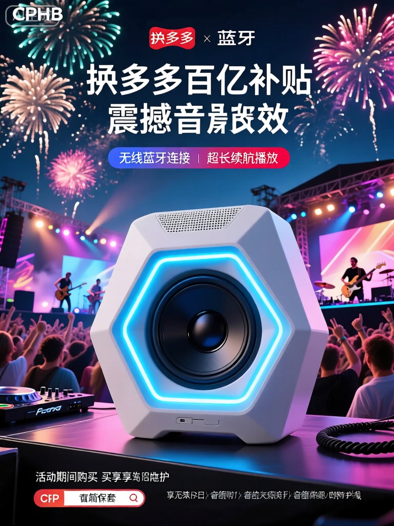 CPHB,该图像是蓝牙音箱产品的广告。这款蓝牙音箱以独特的几何形状呈现,外壳采用白色磨砂材质,搭配蓝色的LED灯带,在开启时灯光闪烁,营造出科技感与艺术感兼具的氛围。音箱内部有着高品质的扬声器单元,能够释放出清晰、饱满且富有层次感的声音,暗示着“震撼音效”与“时尚外观”的特点。背景以充满活力的音乐节现场为特色,其中有热情的观众、绚丽的舞台灯光,与动感的DJ和激情四溢的乐队表演相互呼应。天空中绽放着五彩斑斓的烟花,整个场景充满了欢快和热烈的气氛。图像中的文字包括用于拼多多百亿补贴的促销信息,突出显示了诸如“无线蓝牙连接”“超长续航播放”之类的功能,以及活动期间购买享有的特殊优惠,其中包括音箱保护套和音频线。总体设计结合了现代音乐潮流美学的元素以及科技产品的时尚呈现。