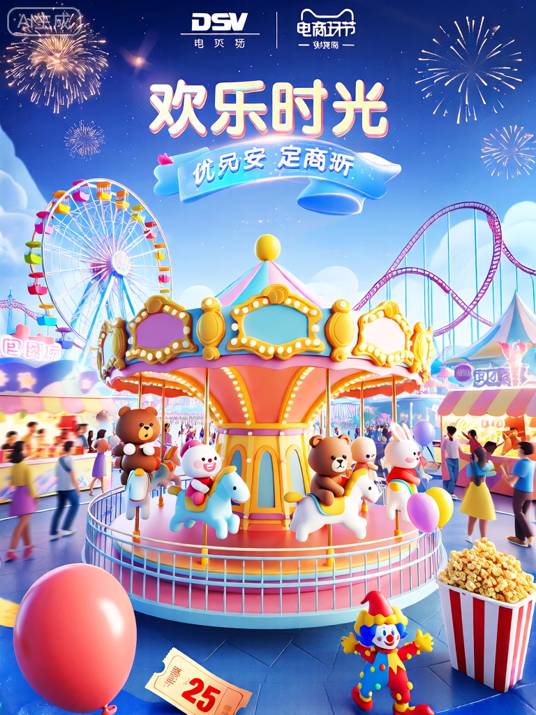 DSKV,该图像是一个充满童趣的电商节日广告,具有游乐园主题。在前景中,一辆彩色的旋转木马正在欢快地转动。旋转木马的顶部写着“欢乐时光”。木马上坐着各种可爱的玩偶,有小熊、小兔和挂在栏杆上的气球。在背景中,有摩天轮、过山车和热闹的人群,天空中绽放着烟花。爆米花摊在旁边,地上有一个巨大的优惠券气球和一个小型小丑。整体风格既欢乐又充满童趣,具有3D卡通设计。
