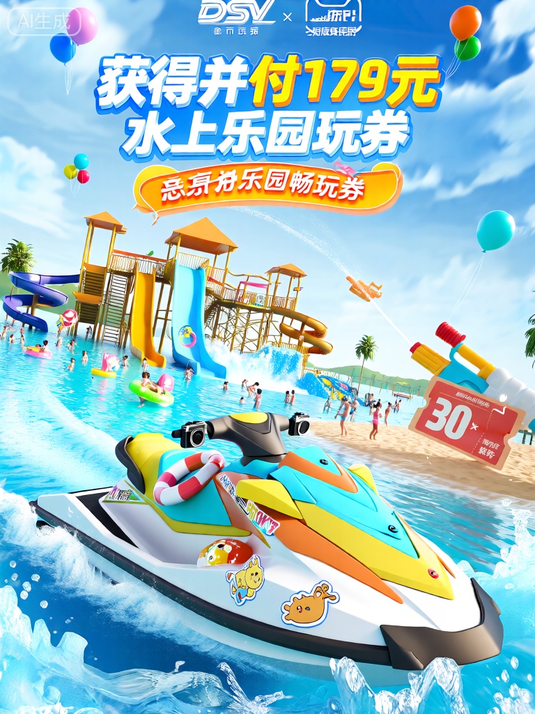 DSKV,该图像是一个洋溢着欢乐氛围的广告,具有水上乐园主题。一辆色彩鲜艳的水上摩托艇在碧波荡漾的湖面上飞驰。摩托艇上挂着游泳圈,车把上绑着防水相机,车身上贴着可爱的水上动物贴纸。在背景中,有高大的水滑梯,热闹的造浪池,还有在水中嬉戏的人群。天空中飘着几只水上气球,湖边的沙滩上有一个巨大的水枪形状的优惠券模型。在图像的顶部,中文中有大型大胆的文字,翻译为“付179元并获得35元的水上乐园畅玩券”。整体风格既清凉又充满欢乐,具有3D卡通设计。
